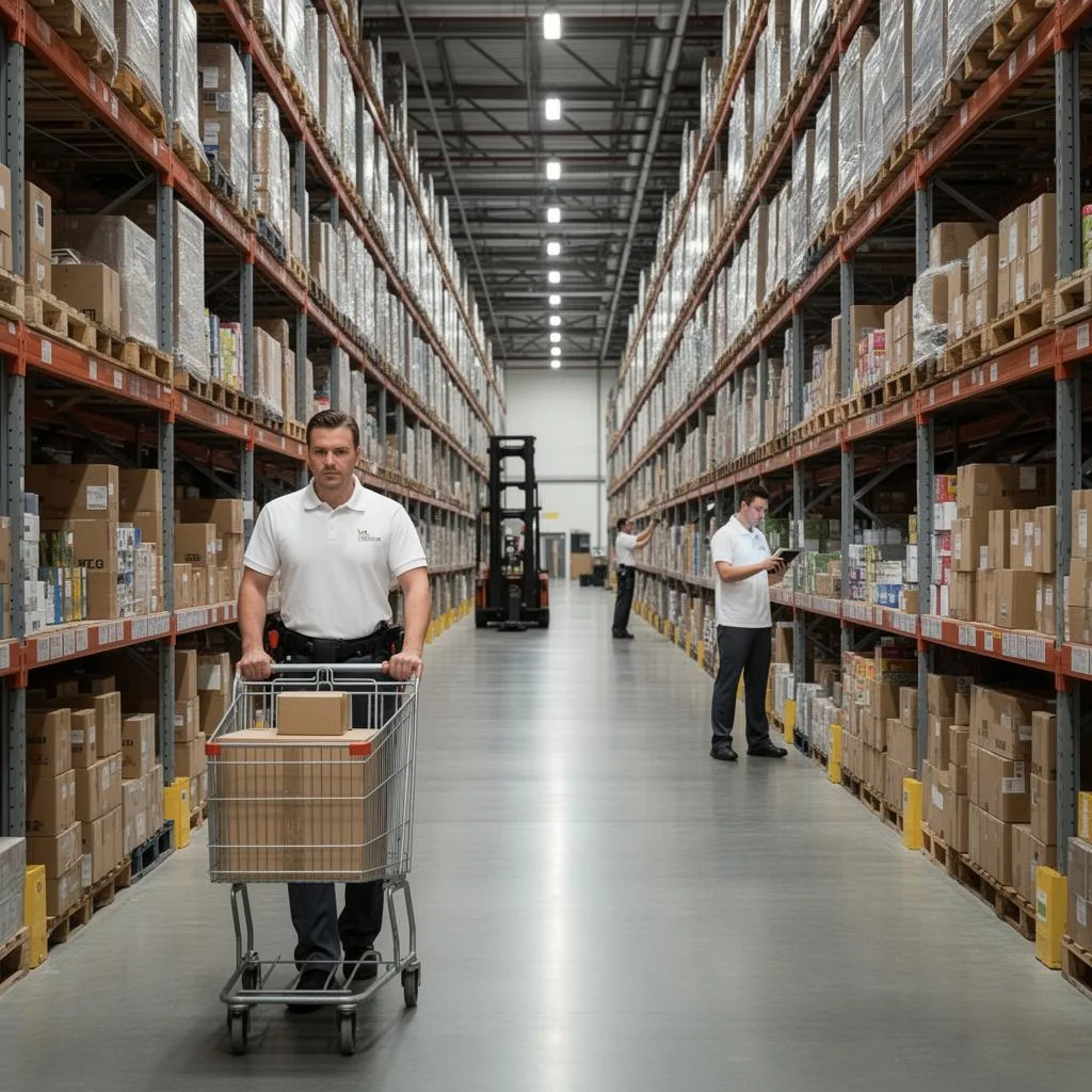 Equipe de separação coletando mercadorias no armazém com tablets