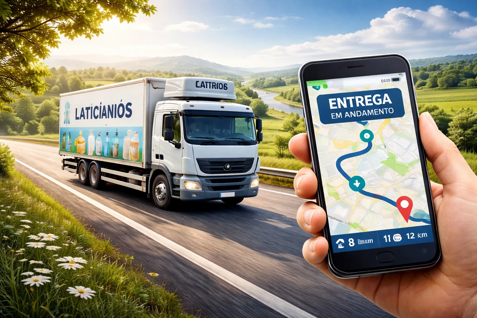 Caminhão de laticínios em rota de entrega com rastreamento mobile
