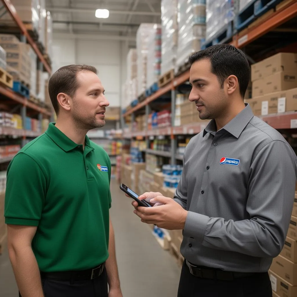 Vendedor e funcionário de supermercado conversando no estoque